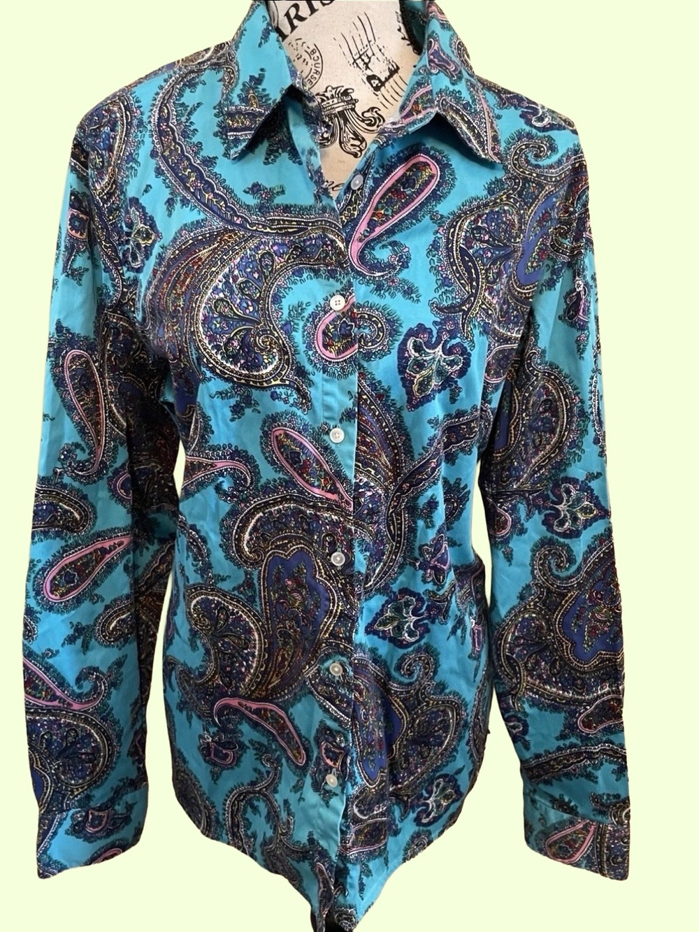 Talbots Large Turquoise Paisley Button-Down Shirt Women teal blue